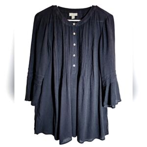 J.Jill Navy Blue Pintucked Bell Sleeve Popover Blouse Top Size S